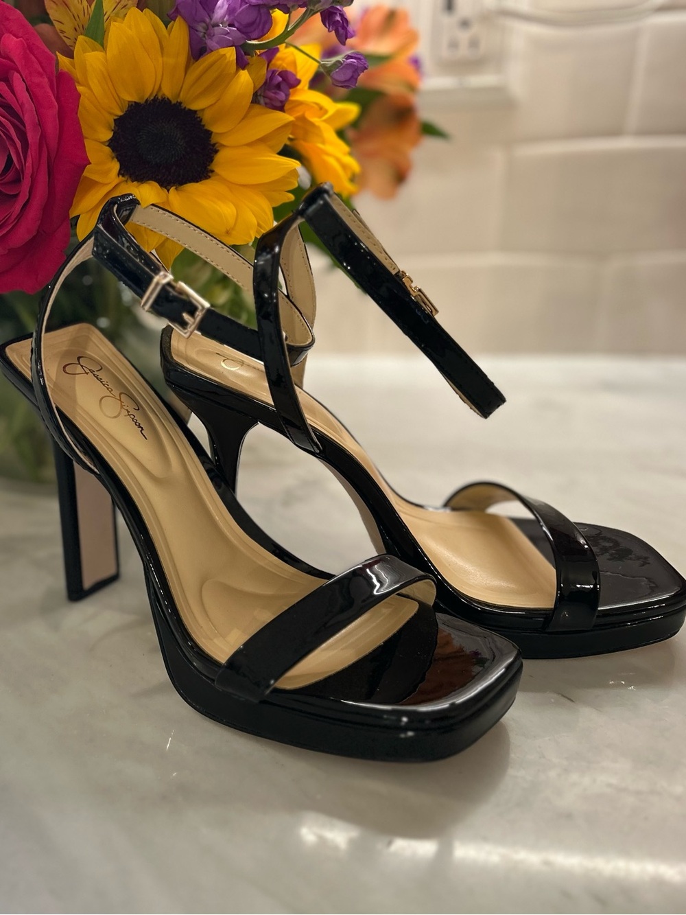 Jessica Simpson Black Patent Platform Heels with Ankle Strap